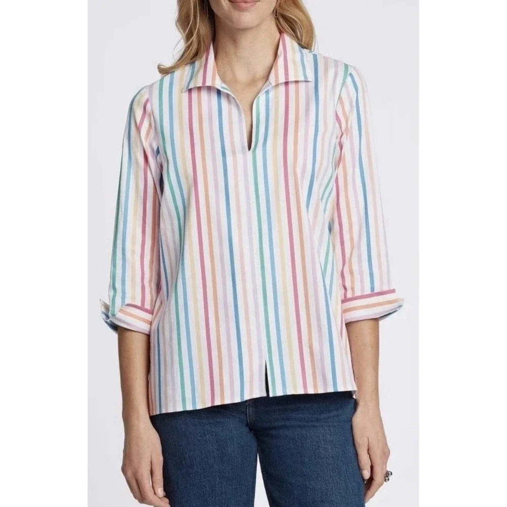 Ali‎ Miles Rainbow Stripe V Neck Collared Shirt Tunic 3/4 Sleeve Size XL